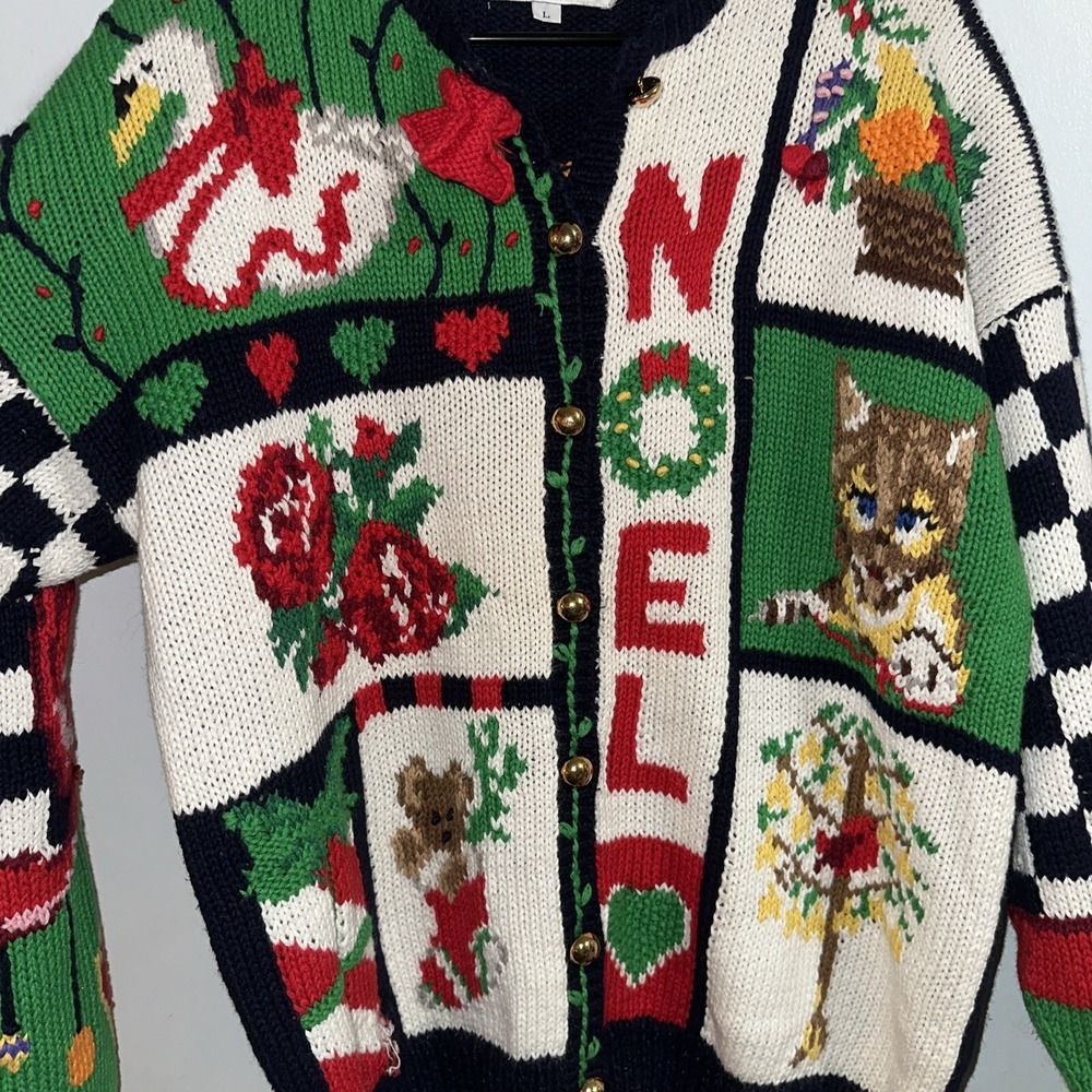 NWT the Eagle's Eye vintage Christmas Knit Sweater Women L noel cat floral 1991 - Picture 6 of 12